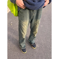 美式高街复古水洗做旧拼接牛仔裤男宽松微喇垂感显瘦长裤，男装牛仔裤，四季星座505