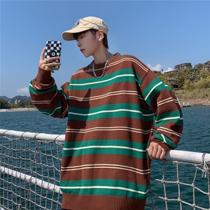 高品质秋款男针织衫圆领毛衣条纹拼接字母印花B603-P40图片