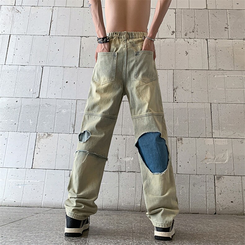 B221美式ins高街暗黑小众撞色破洞直筒牛仔裤LK23109-P65控88,男装牛仔裤,电商B221