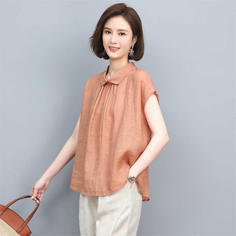 2022年夏季新款苎麻衬衫女短袖简约衬衣妈妈棉麻夏装上衣，女装衬衫，忆绮罗