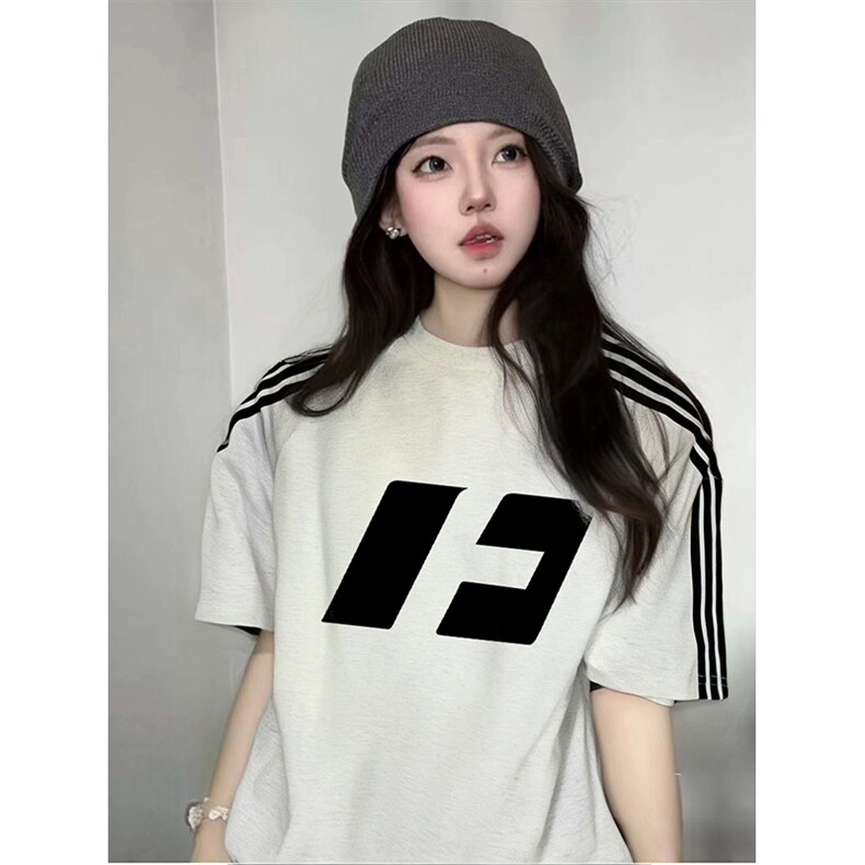 抖音得物品质二开240克宽松纯棉美式潮牌印花三条杠中性风短袖T恤,男装T恤,电商A486-1