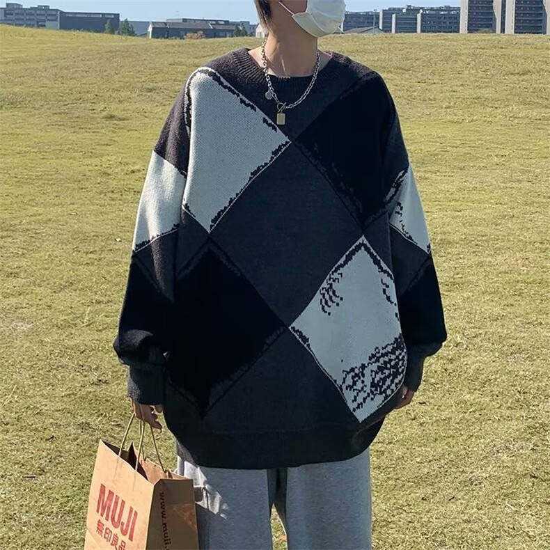 美式方块撞色情侣毛衣秋冬季百搭休闲圆领打底针织衫男 M628-P42图片