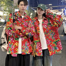 C203情侣大花长袖衬衫男女休闲衬衣新中式汉服团队服表演出宽松潮，男装衬衫，星座115A(原星座507）