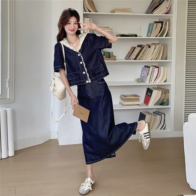 甜美蕾丝牛仔半身裙套装女夏2025新款宽松显瘦独特漂亮百搭两件套图片