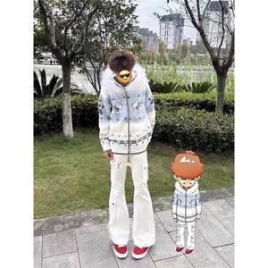 美式复古大毛领提花连帽针织开衫小狗毛衣男女冬季保暖外套MY532图片