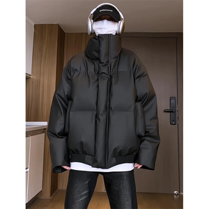 现货5W件冬季三防重磅硬挺boxy短款羽绒立领PU皮棉衣外套加厚棉服图片