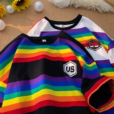 T702-P35情侣装彩虹条纹短袖男t恤女T恤体恤，男装T恤，星座617A-2