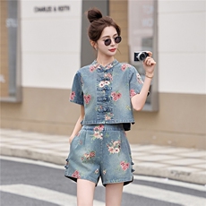 现货主推2026年夏季新款女装时尚复古印花轻薄牛仔新中式两件套，女装套装/套裙，关键词