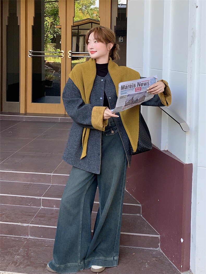 欧货拼色披肩毛呢短款外套女秋2025新款宽松显瘦小个子拉链夹克潮,女装毛呢外套,浙宝301