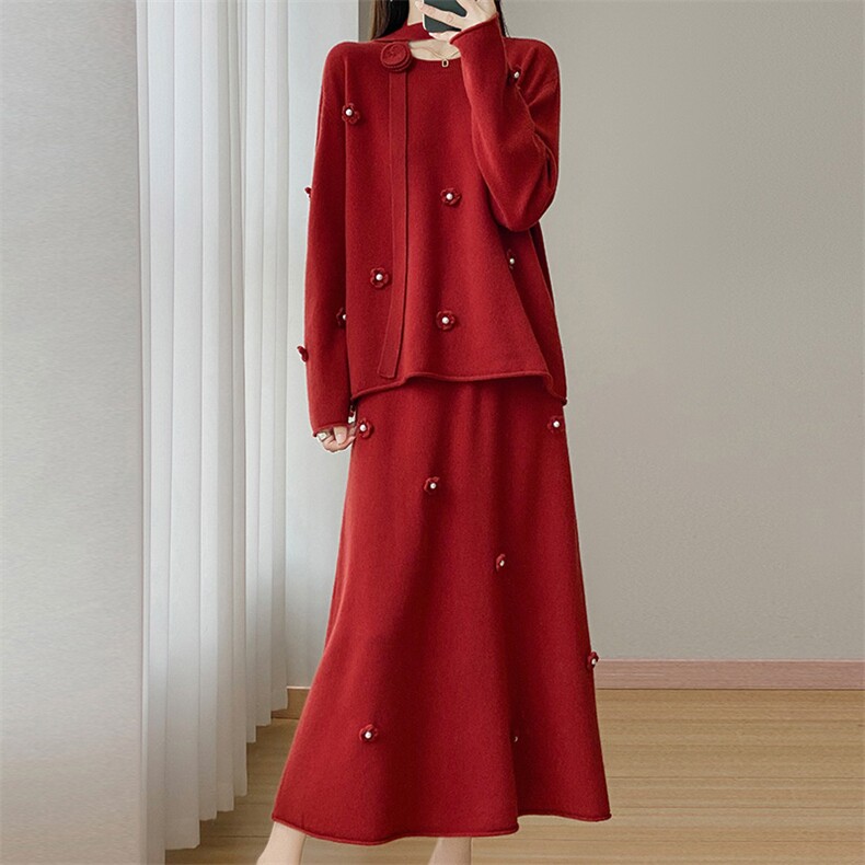 高级感秋冬新款圆领立体花朵羊毛衫针织套装女羊毛衫+长裙两件套，女装针织衫/毛衣，江南羊绒