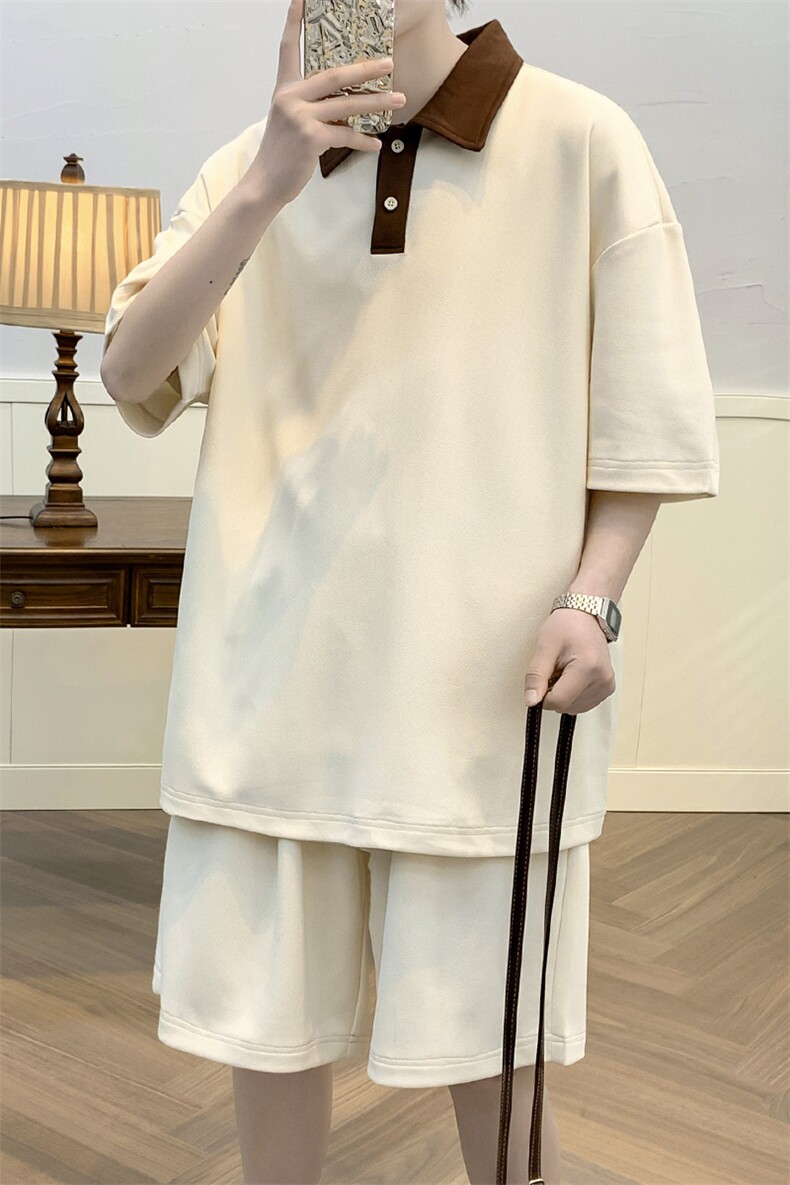 夏上新学生纯色翻领T恤套装运动休闲短裤T恤男女7608-P70控价98,男装T恤,电商A441-1