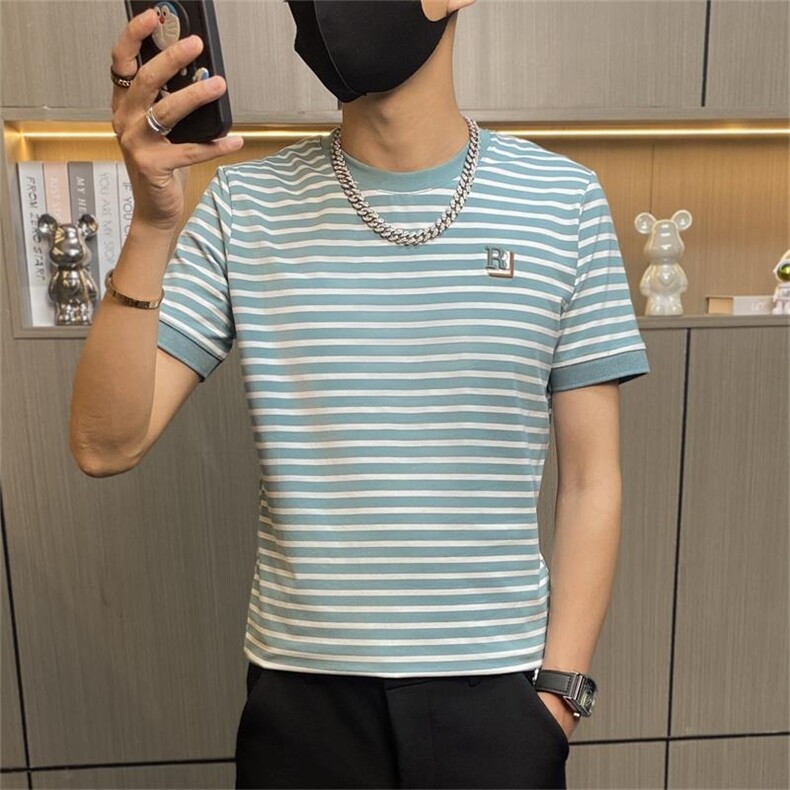 TX158-P35夏季男圆领短袖社会小伙潮流紧身体桖精神修身条纹t恤图片