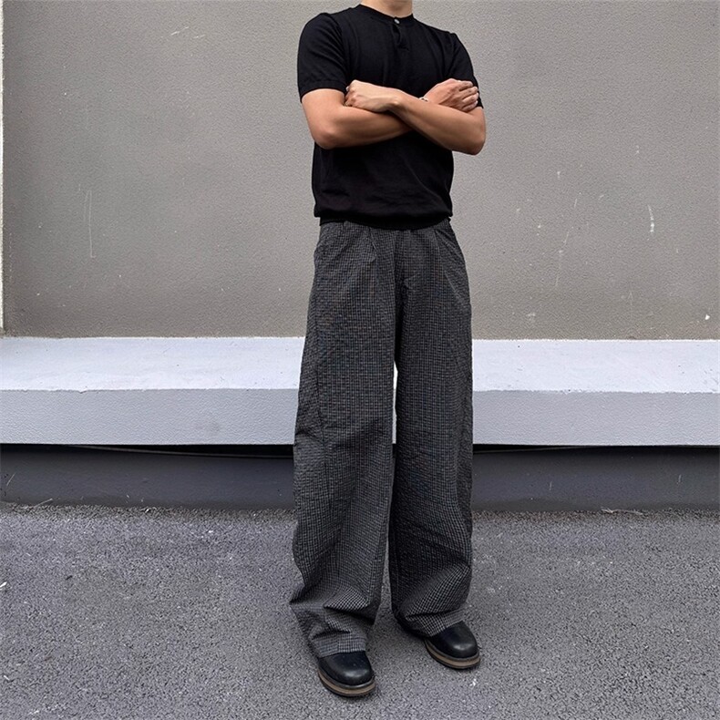 BLACKAT美式高级感cleanfit格子弯刀休闲裤男女显瘦宽松百搭裤子,男装休闲裤,星座506A