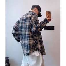 复古美式格子长袖衬衫毛边设计感男衬衣宽松百搭翻领上衣C695，男装衬衫，星座1116A（原606A-3）