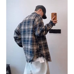 复古美式格子长袖衬衫毛边设计感男衬衣宽松百搭翻领上衣 C695图片