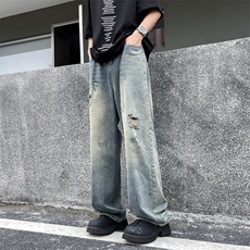 美式街头水洗做旧破洞牛仔裤男宽松欧美vibe风长裤子N07277-P43，男装牛仔裤，星座308B-2