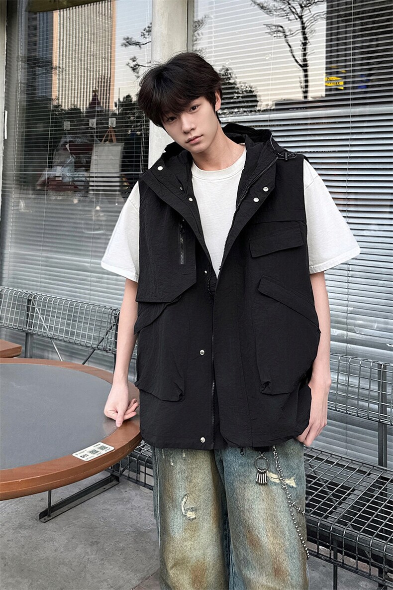 8XL-M四季工装外套街头机能口袋连帽防水无袖马甲坎肩JK1316P78,男装夹克,电商D206-1