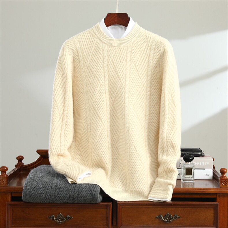 秋冬季羊毛七针加厚扭花席编羊毛衫男装，男装羊毛衫，唯若美羊绒