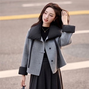 现货手工缝制冬新款时尚斗篷甜美拼接保暖领子双面呢外套送领结，女装双面呢大衣，美静678