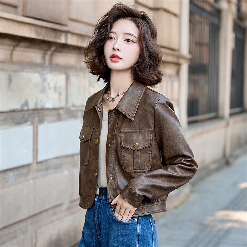 水洗皮衣外套女2025春秋新款复古小个子美拉德修身机车风夹克上衣,女装皮衣,臻衣坊