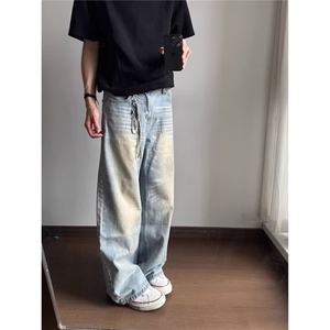 春秋季美式痞帅水洗复古浅蓝色牛仔裤男直筒宽松高街微喇休闲裤子图片