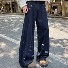 美式刺绣阔腿牛仔裤高街弯刀裤宽松拖地长裤FA707-P60，男装牛仔裤，星座1001-1