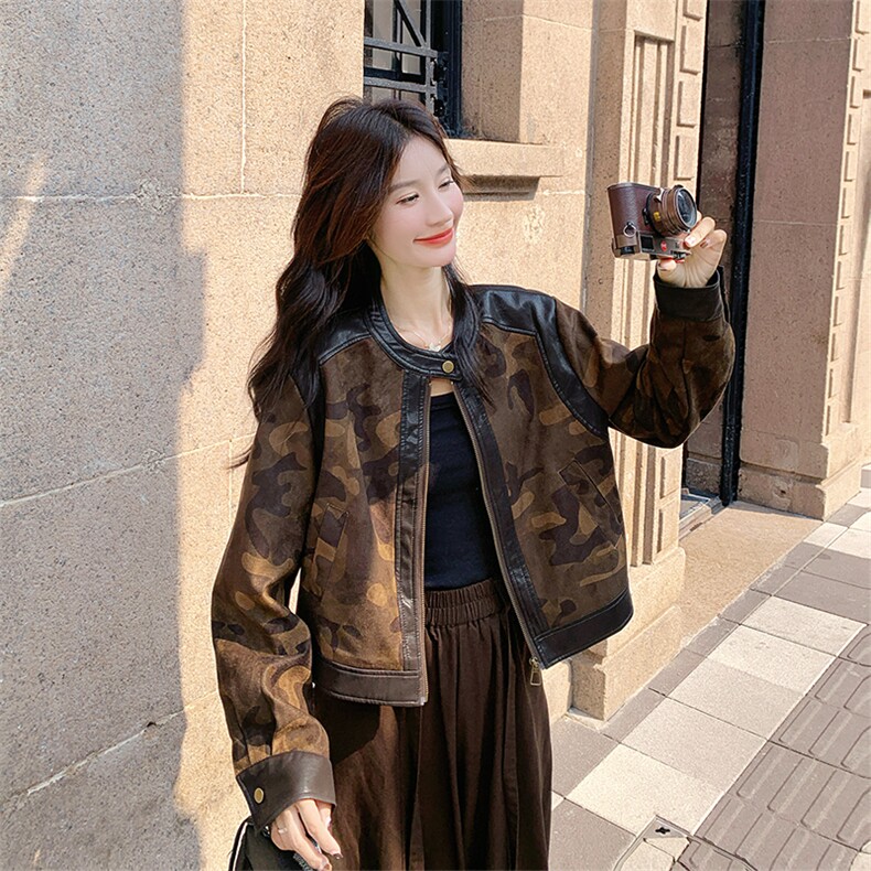 美拉德咖色麂皮绒短外套女春秋2025新款超火好看高级小众夹克上衣,女装短外套,2C126