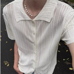 美式镂空短袖针织衫男款夏季复古慵懒风宽松休闲开衫上衣MY502图片
