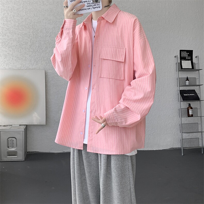 衬衫男春季新款港风宽松大码立体口袋纯棉条纹长袖衬衣CS3099-P42,男装衬衫,星座214-3