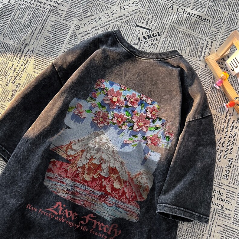 潮牌宽松短袖t恤蜡染美式复古高街水洗做旧517A-2-SX226-P38图片