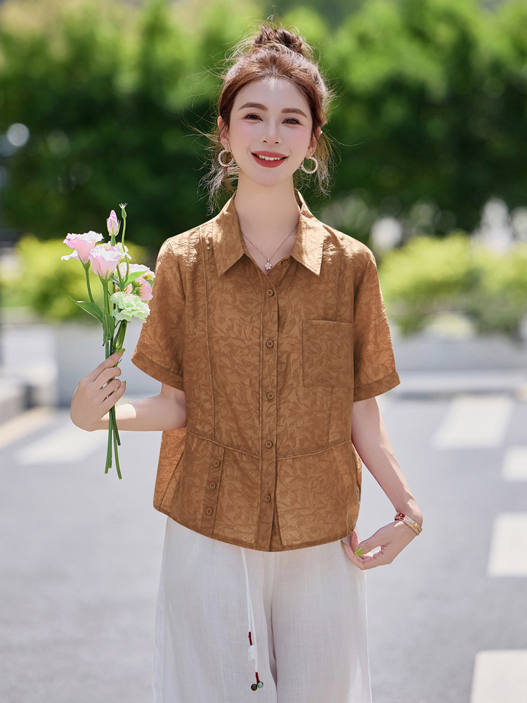 红色复古提花短袖衬衫女夏2025新款休闲气质妈妈洋气减龄小衫上衣,女装衬衫,余墨
