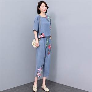 现货！天丝牛仔拼接套装女2024夏季新款洋气优雅气质两件套图片