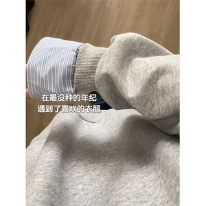 假两件撞色拼接衬衫领卫衣男女秋季长袖翻领宽松情侣款设计感上衣,橙黄裤子搭配上衣图片大全图片