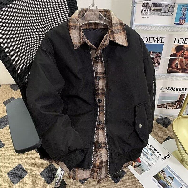 加绒加厚冬款男假两件棉衣条纹拼接工装拉链口袋棉袄外套MA16P90,男装棉衣,星座1013-1