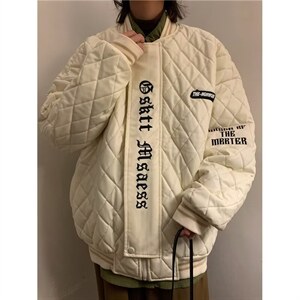 翻领菱形格刺绣PU皮棒球服PU皮棉服拉链仿皮青少年潮纯色Y6581图片