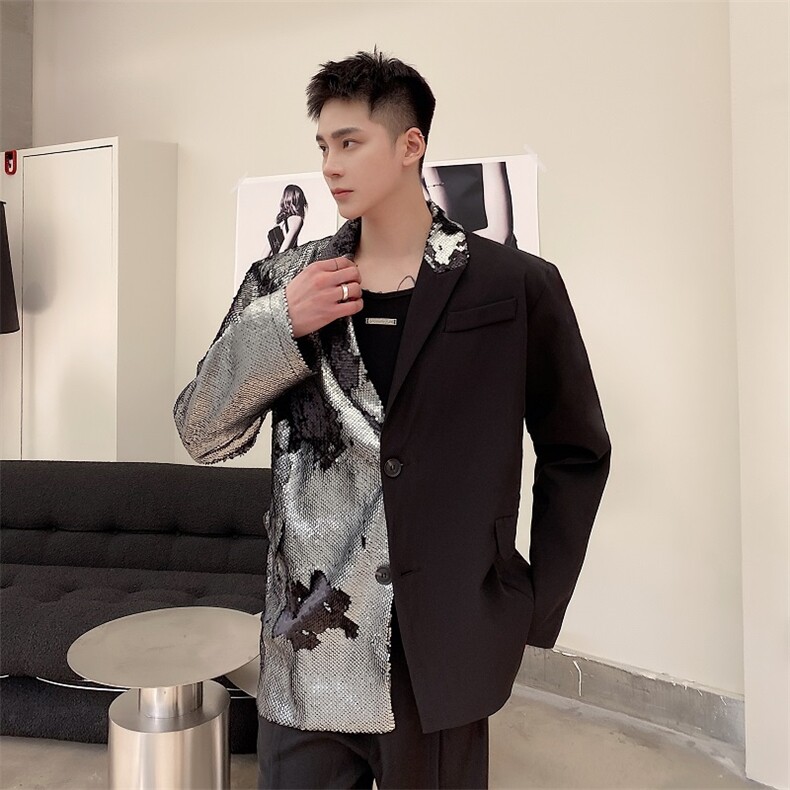 春季新款休闲宽松亮片拼接撞色西服外套上衣男潮A345-1877-P145,男装西服,电商A345