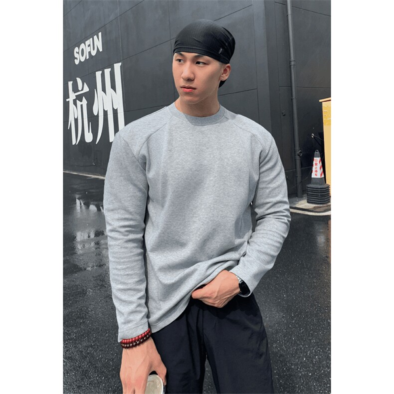 抖音得物高品质美式高街重磅曼巴棉cleanfit螺纹拼接卫衣长袖T恤,男装T恤,电商A486-1