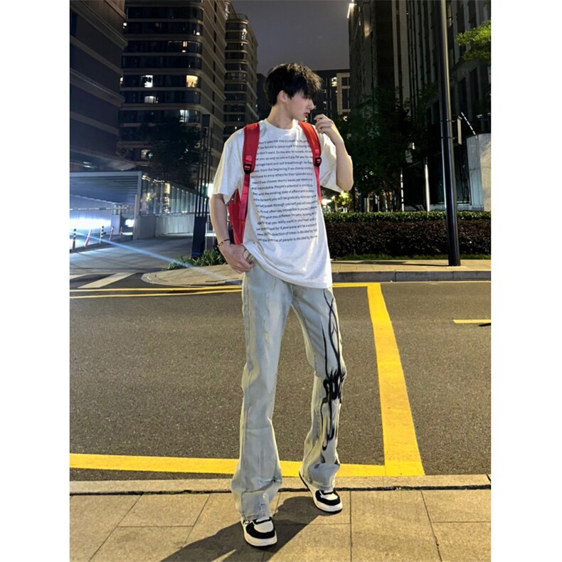 【网图现货】美式高街黄泥色牛仔裤直筒火焰残影裤子CCNZ05-特P58,男装牛仔裤,星座1007（原301D）