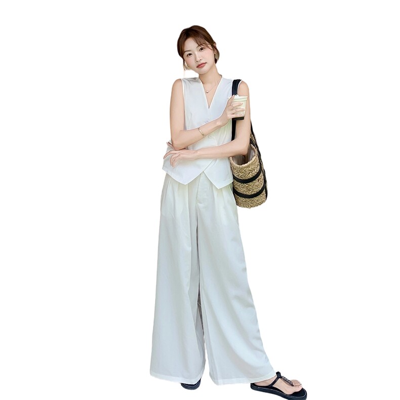 韩系百搭白色套装女2025夏季新款慵懒风宽松阔腿裤无袖马甲两件套,女装套装/套裙,2D078