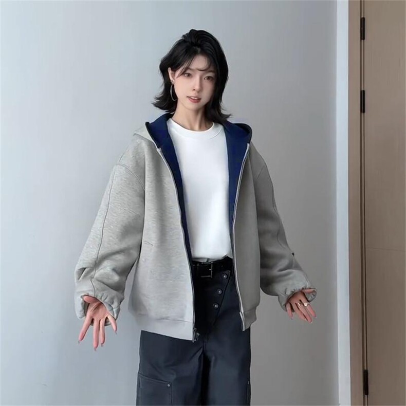 抖音得物高品质二开26春装美式重磅宽松结构双面连帽卫衣外套W68,女装短外套,电商A486-1