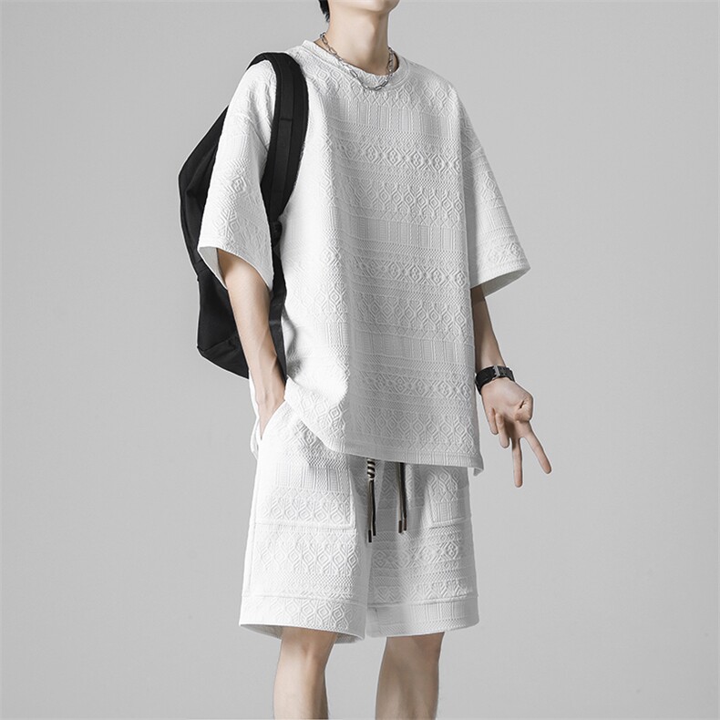 夏季设计感小众运动两件套大码短袖T恤五分裤套装男 TZ8812P70图片