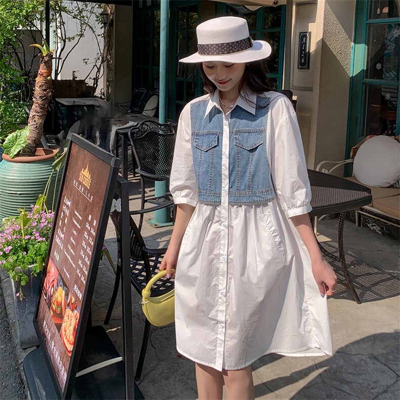 《现货新品》假两件牛仔翻领衬衫连衣裙,女装连衣裙,MQ