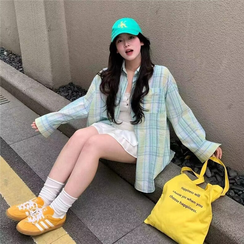 薄荷绿格子外搭防晒衬衫薄款外套男款2025夏季法式温柔氛围感衬衣,男装衬衫,电商B212（原钱塘6029）