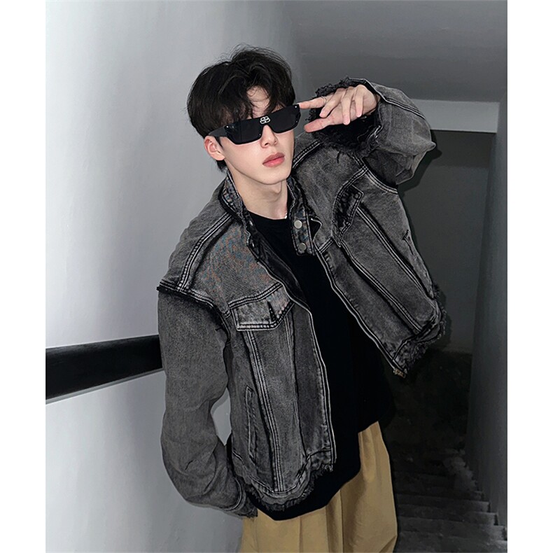 【自家图】美式毛边牛仔外套欧美街头垫肩复古短款夹克NT536P125，男装工装外套，星座301D-2(原星座1004-1）