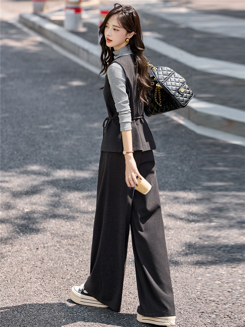春秋套装裤女2025新款复古小香风绑带收腰打底衫马甲阔腿裤套装裙,女装套装/套裙,冬木谷雨