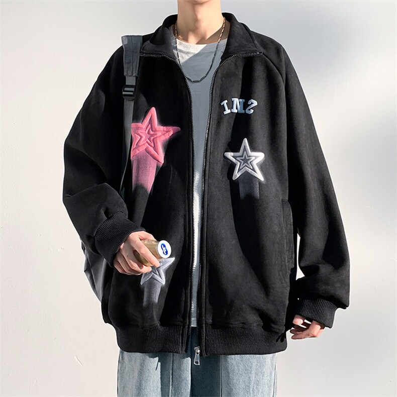 J6618P68光影墙抖音高品质彩色星星印花麂皮绒翻领夹克外套,男装夹克,电商A026-1