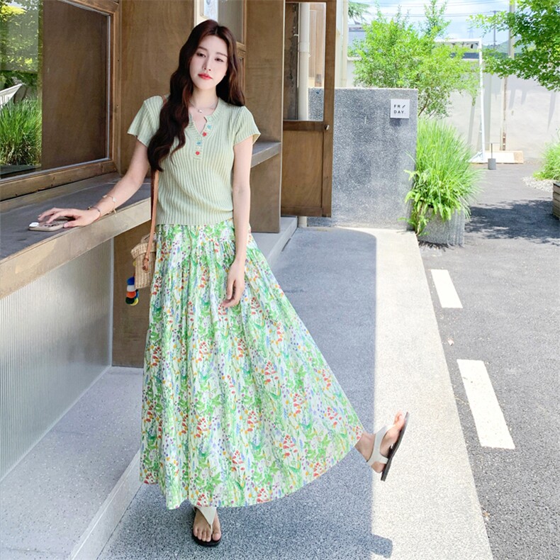 【现货】绿色针织上衣碎花半身裙套装2C158-6003-P145-K208图片