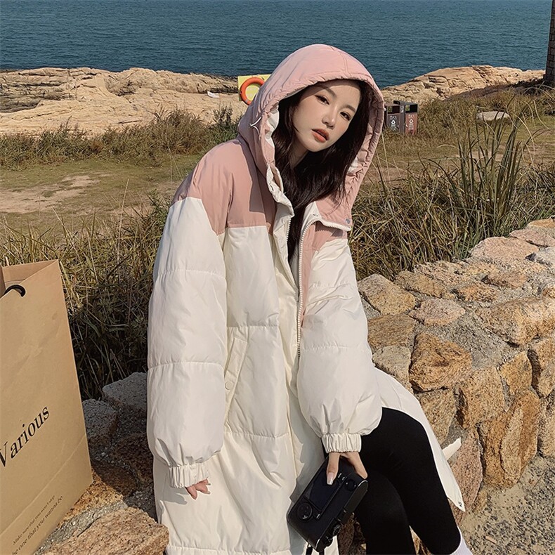 冬装撞色加厚中长款面包服棉服,女装棉衣/棉服,菡迪欧娜