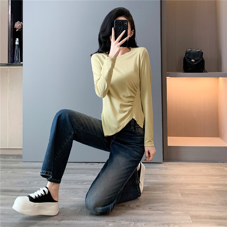 女春穿搭时尚气质套装圆领不规则褶皱设计长袖上衣阔腿长裤两件套,女装套装/套裙,2C310