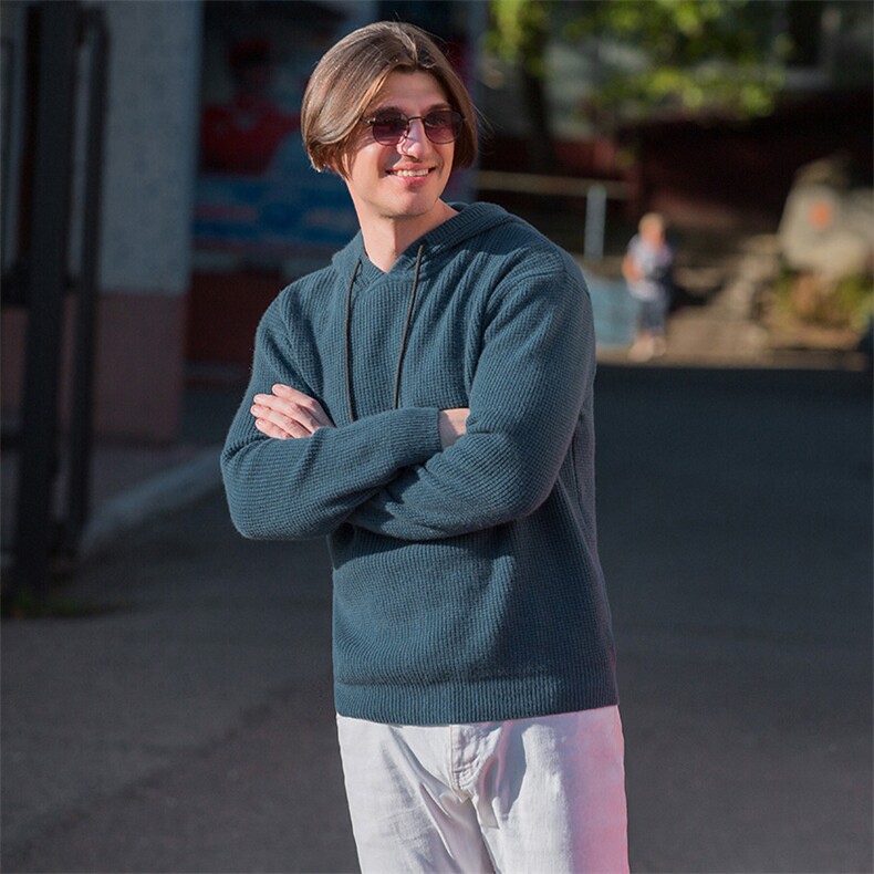 山羊绒套衫男连帽针织毛衣长袖休闲2024冬新款男装，男装羊绒套衫，美创羊绒